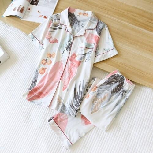 2021 New Womens Pajamas Knit Cotton Short Sleeves Pajamas Set Leaf-Print Womens Pajamas for Simple and Fashion Home Wear