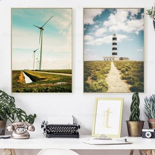 Lighthouse Landscape Poster Blue Sky Green Space Canvas Painting Beautiful Scenery Wall Art Pictures for Living Room Decoration