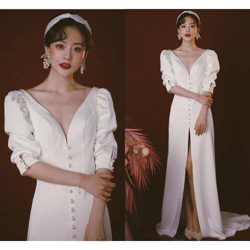 Vestidos Simple V-neck Pearls Boho Wedding Dresses Half Sleeves 2020 Satin Wedding Gowns White Ivory Fantasy Korea Bridal Dress