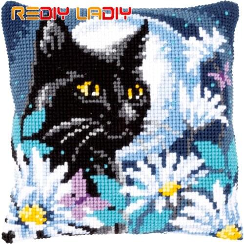 DIY Cross Stitch Cushion Cover Cat In The Night Pillow Case Pre-Printed Canvas Acrylic Thick Yarn Cross-stitch Needlepoint Kits