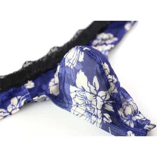 Mens Underwear T Back G String Mesh Briefs Sexy Lace Thong Lingerie Jockstrap Breathable Men Rose Flower Thong Black Blue