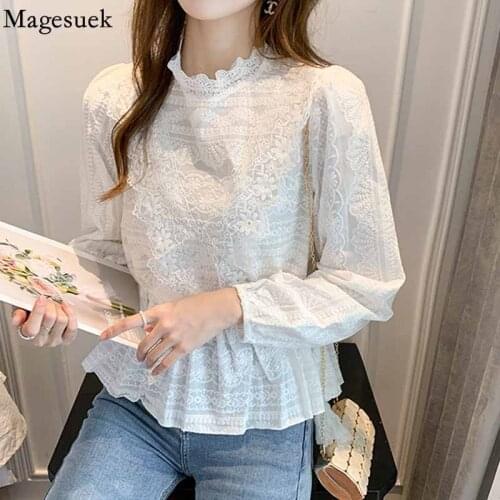 Sweet Stand Collar Lace Blouse Women Drawstring Slim Long Sleeve Loose Womens Shirt Autumn Ruffle Lace Flower Tops Blusas 16233