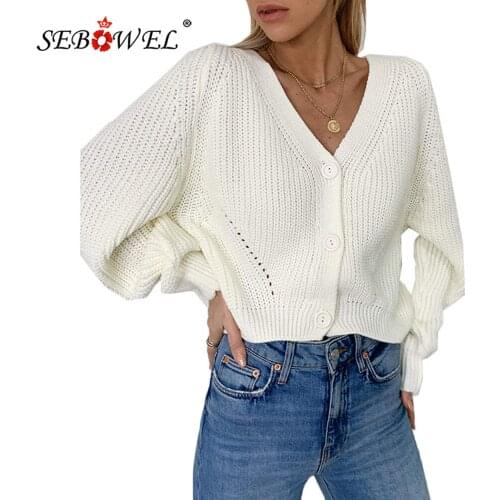 SEBOWEL 2020 Autumn Winter cardigans Sweater for Women Solid Color Female V-neck Lantern Sleeve Button Knit Cardigan Sweaters
