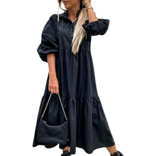 Women Shirt Dress Solid Color Large Hem Cotton Blend Half Sleeve Turn Down Collar Streetwear for Spring/Summer dresses for women
