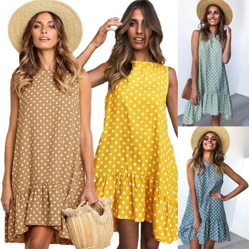Women Fashion Polka Dot Printed Dress Ladies Casual Sleeveless Loose Round Neck Dress Women Ruffles High Waist Summer Dress
