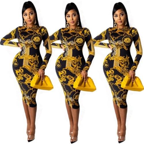 2021 Spring Autumn Fashion Yellow Printed Casual Work Wear Midi Dress Women Bodycon Long Sleeve Sexy Party Night Club Dress