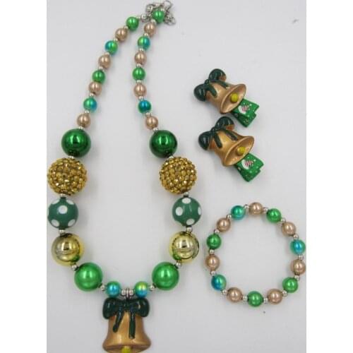 3pcs/Set 2019 New Christmas Bell Girls Chunky necklaces Gold Green Children necklace Bracelet Hairpin jewelry set Gift For Baby