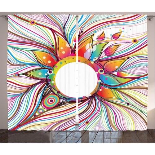 Abstract Colorful Curtains Rainbow Like Stripes Flora Satin Fabric Drapes for Living Room Bedroom 2 Panel Window Set