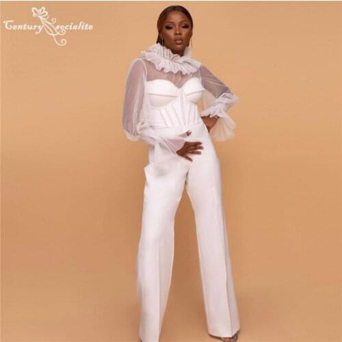 African Women Jumpsuits Wedding Dresses 2021 Long Sleeve Zipper Back Bride Reception Jumpsuit Bridal Pantsuits Vestido De Noiva
