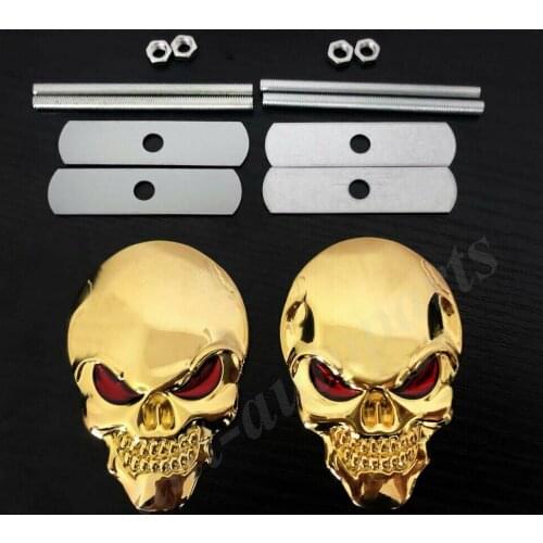 2x Big Golden Metal Skull Skeleton Head Evil Bone Car Front Grille Emblem Badge