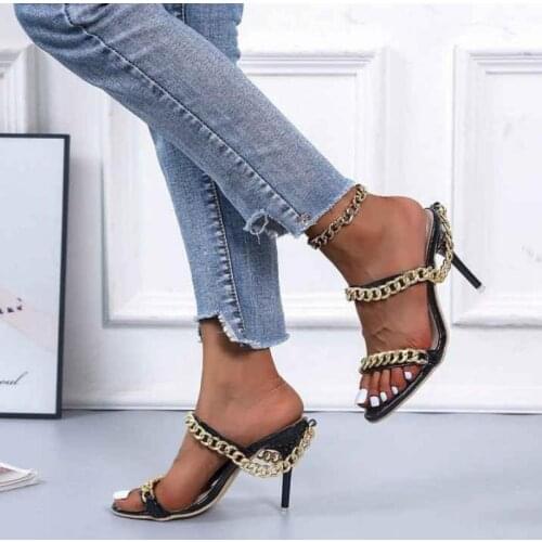 Sandals Sexy Open Toe Stilettos Womens Shoes Metal Decoration Chain High Heels Party Dress Shoes Ladies Casual Gladiator