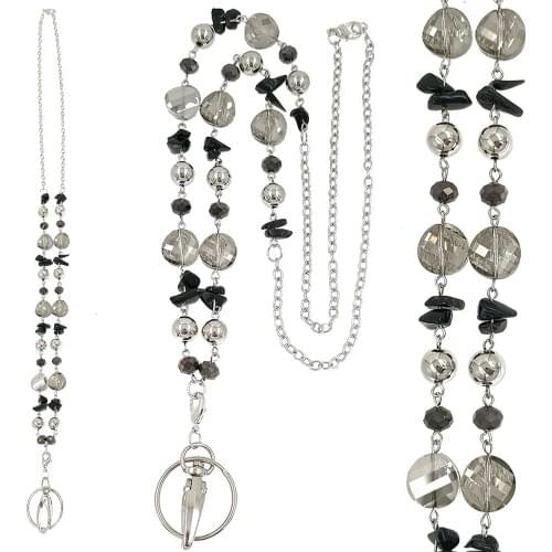 Black Glass Beads Badge Lanyards Holder Necklace Lanyard with ID Holder Keychain for Teachers Nurses Mothers Gifts