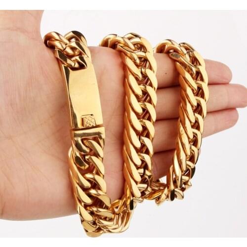 Gold Tone Chain For Men 15MM Wide Neck Heavy Necklaces Hip Hop 316LStainless Steel Cuban Curb Chain Necklace 7-40inch