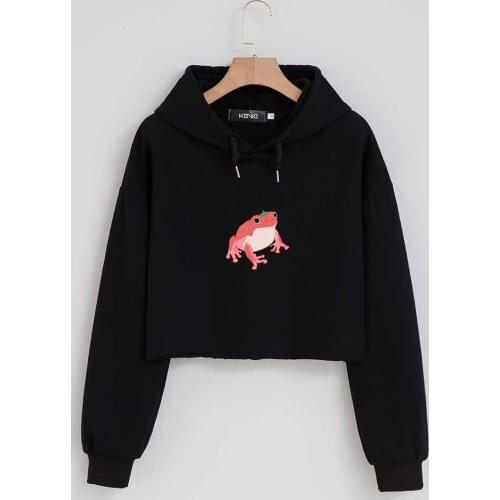Black Crop Top Hoodie Kawaii Frog Hip Hop Streetwear Harajuku Pullover Sweatshirt Cute Jackets for Girls Graphic Sweatshirt