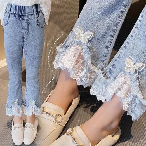 Girls Spring Autumn Denim Jeans Lace Pearl Bell-bottom Ripped Patchwork Flare Pants Elastic Waist Kids Baby Trousers 3-14 Years