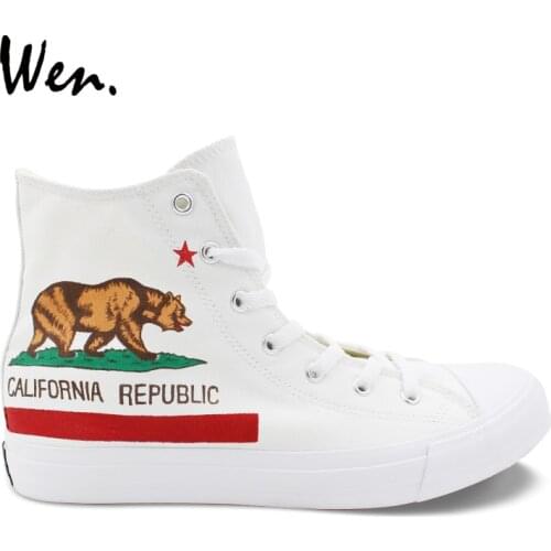 Wen Design Hand Painted White Shoes California Flag High Top Men Canvas Shoes Women Laced Skateboard Sneakers Gym Trainers