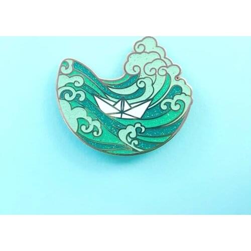 Pretty Glitter Huge Waves Hard Enamel Pin Funny Cartoons Paper Boat Medal Brooch Fashion Lapel Backpack Pins Jewelry Unique Gift