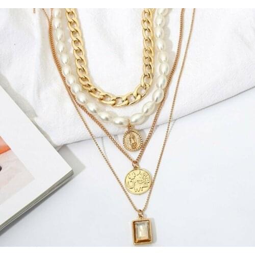Multilayer Gothic Gold Coin Simulated-pearl Clavicle Chain Pendant Choker Necklace Women
