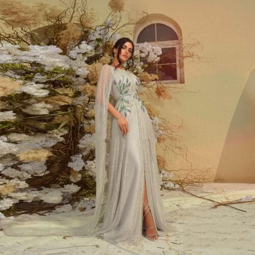 Fashion Celebrity Moroccan Caftan Evening Dress Floor Length Split Summer Dress With Applique A-Line Prom Dress Custom Made