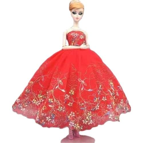 Fashion Red Floral Off Shoulder Lace Wedding Dress for Barbie Doll Clothes Outfits Multi Layer Gown 1/6 BJD Accessories Toy Gift
