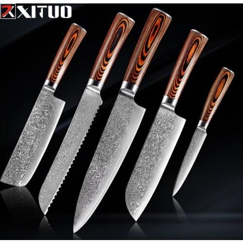 XITUO Kitchen Knives-Set Damascus Steel Very sharp Chef Knife Cleaver Paring Boning knife Color Wood Handle Best Cooking Tool