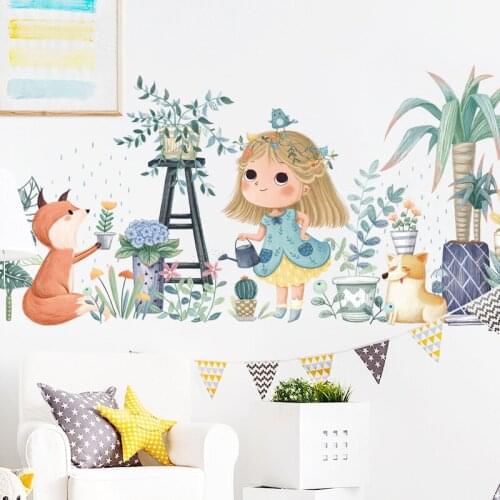 Girl and Fox wall stickers bedroom Girls room home decoration art mural cartoon stickers Childrens room wallpaper