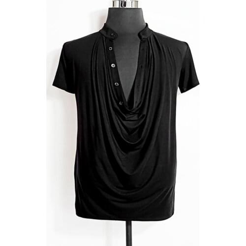 2021 New W713 Male Latin Dance Tops Short Sleeve V Neck Wrinkle Design Latin Dancing Tops Performamnce Modern Dance Dress