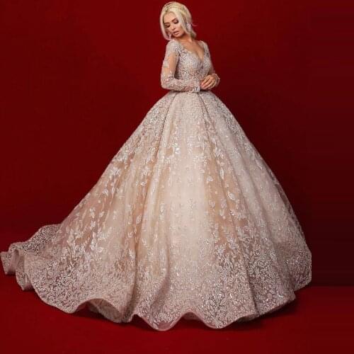 2021 New Fashion Sequins Organza Wedding Dress Grogeous Lace Long Sleeves V-neck Wedding Gowns Pretty Dubai Bridal Party Dress