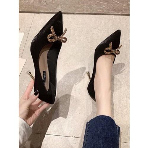 2021 spring and autumn new womens red satin stiletto high heels bowknot pointed wedding shoes