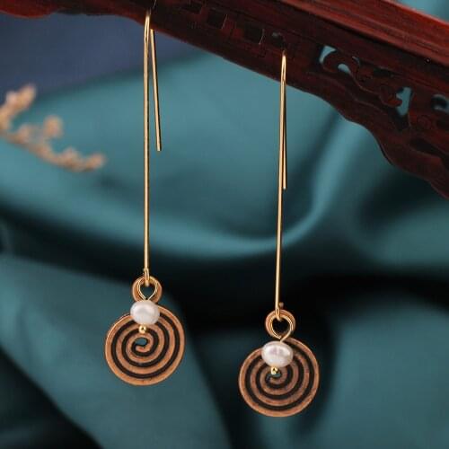 NEW Long Freshwater pearl earrings Vintage spiral Delicate Drop earrings Ethnic cloisonne Chinese style Jewelry for womens