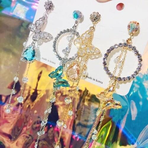 New Korean Hollow Rhinestone Tassel Long Drop Earrings For Women Girls Fashion Asymmetric Pendientes Jewelry
