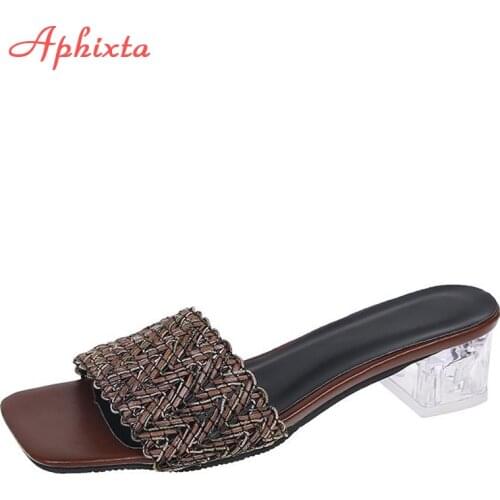 Aphixta 2021 New Summe Women Slippers Slides 5cm Transparent Square Heels Mules Women Flip Flops Shoes Plus Size 43 44