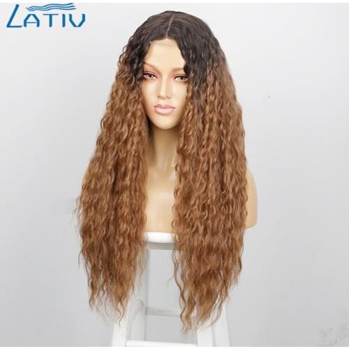 Lativ Synthetic Long Curly Wig Ombre Brown Wig for Women Middle Part Wigs Heat Resistant Hair for Daily Party Use