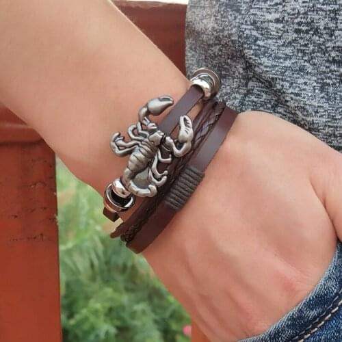 Black/Brown Vintage Leather Bracelet Scorpion Shape Multilayer Mens Charm Pulseras Unisex Jewelry