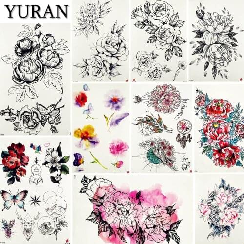 YURAN Women Fashion Peony Flower Tattoo Sticker Fake Sexy Black Tattoos Temporary Paste Flora Water Transfer Tatoos Body Arm Art