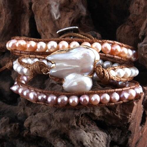 RH Fashion Boho Jewelry Bracelet 5-6mm Pearl Armbander Freshwater Pearl Charm 3 Strands Wrap Bracelets Gift Dropshipping