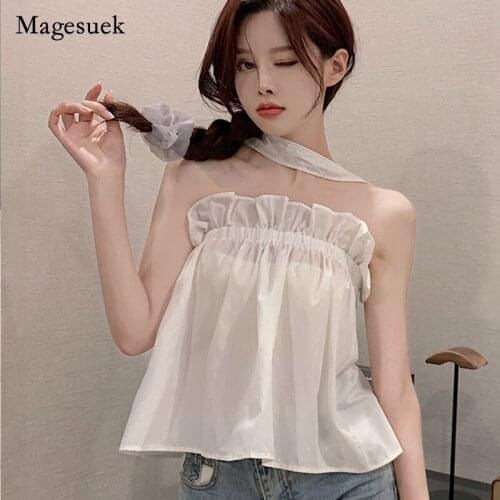 Spicy Girl 2021 Summer Women Sleeveless Blue Shirt Solid Halter Ruffle Tops for Women Sexy Off Shoulder Loose Blouse Blusa 15041