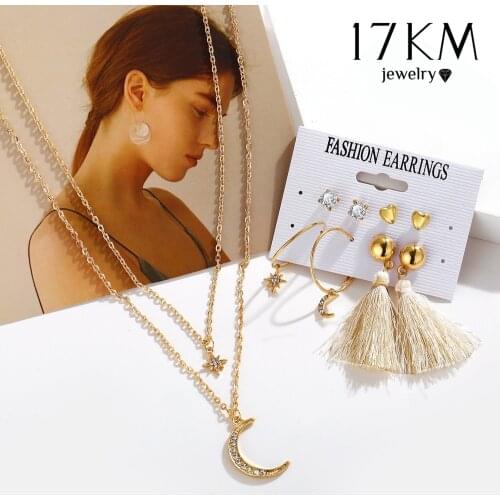 17KM Bohemian Moon Star Earring For Women Pearl Tassel Dangle Earrings Set Gold Metal Earrings 2020 New Crystal Jewelry Gift