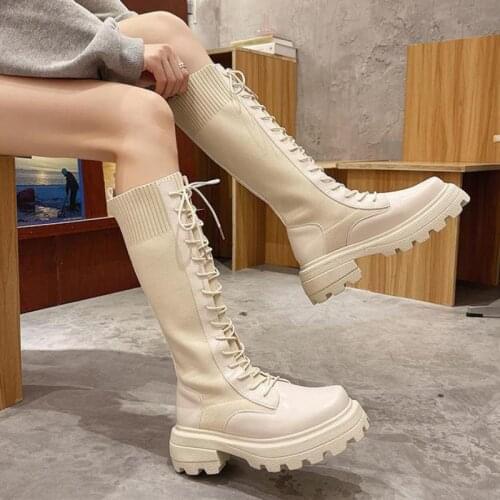 Women Boots Mid Calf Boots Solid Color Lace Up Female Boots Platform Ladies Shoes Winter Warm Comfortable Knee High Boots