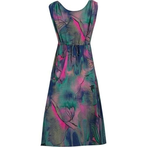 New Women Summer Long Cotton Floral Print Dress Ladies Sleeveless Round Neck Elegant Loose Dress Large Size Female Vestido