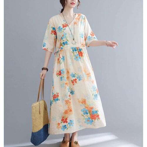 Print Floral Holiday Outdoor Travel Style Dress 2021 New Arrival Soft Cotton Linen Loose Summer Dress Women Casual Long Dress