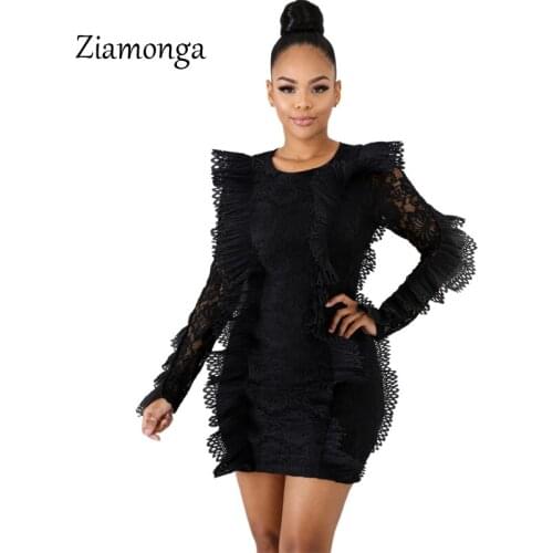 Ziamonga Vintage Elegant Ruffles Formal Party Dresses Women Hollow Out Lace Dress Autumn 2019 High Waist Embroidery Short Dress