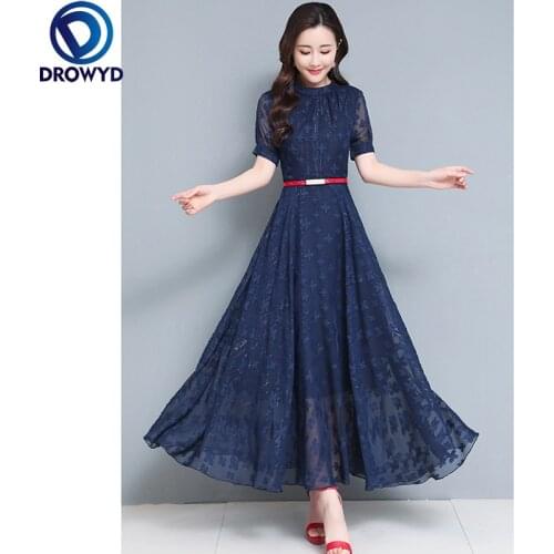 2021 Summer New Arrival High Quality Hot Sale Round Collar Flower Printed A-line Women Long Chiffon Party Dress Plus Size M-3XL