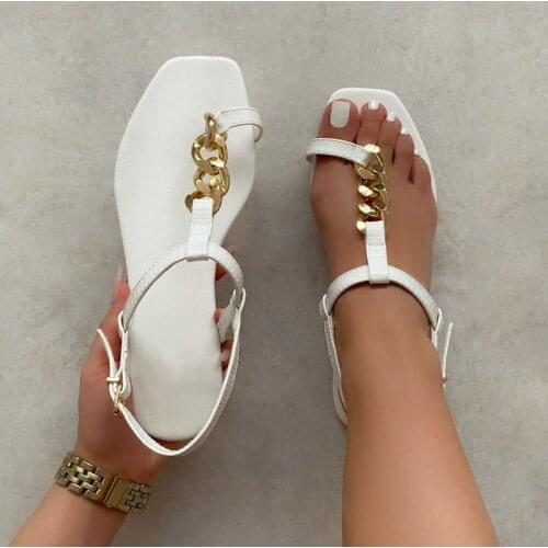 2021 Women Chain Thong Sandals Female Ankle Buckle Strap Flat Ladies Casaul Beach Shoes Womens Comfortable Footwear Plus Size