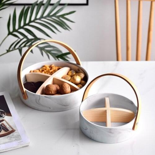 Northern Europe wood handle fruit platter living room household ceramic grid dry fruit snack plate wedding candy storge dish