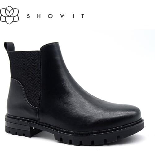 Lady casual Black ankle boots women’s flat platform winter shoes with elastic Chelsea round toe low heel Female corporate footwe