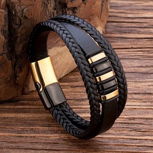 19/21/23CM Genuine Leather Bracelet Black Color Gold Stainless Steel Magnet Buckle Easy Hook Bangle Bracelets For Men Boys Gift