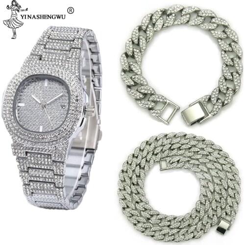 Necklace+Watch+Bracelet Hip Hop Miami Curb Cuban Chain Gold Color Iced Out Paved Rhinestones CZ Bling Rapper Jewelry For Men