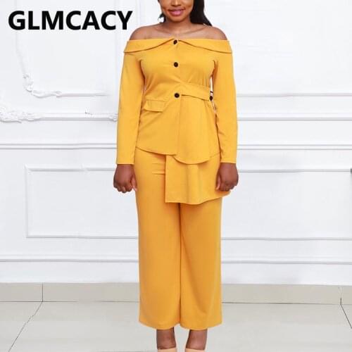 Two Piece Elegant OL Work Suits Long Sleeve Off Shoulder Blazer & Loose Pants Set