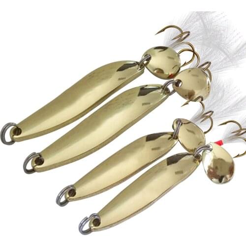 FISHINAPOT 1pcs Metal Gold 5g/7g/10g/13g Spoon Fishing Lure Hard Bait Sequins with Feather Treble Hook Wobbler Spinner